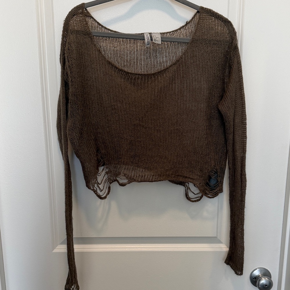 Brown Knit Distressed Long Sleeve Top
